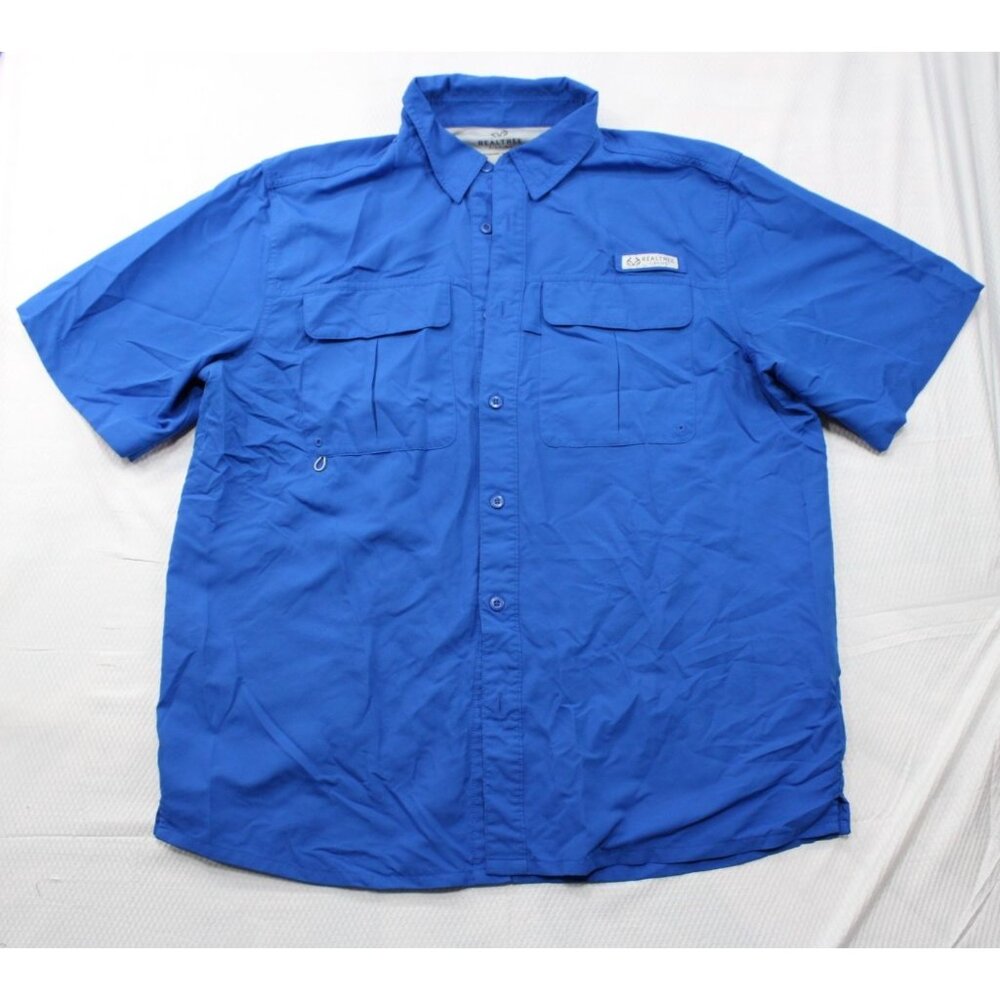 Realtree Fishing Blue Short Sleeve Button-Up Shirt Large For Outdoor Enthusiasts
